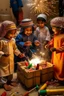 Placeholder: A group of five-year-old Saudi children gather and play with building blocks while ribbons of firecrackers fly around them.