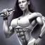 Placeholder: bodybuilder woman holding battle rifle