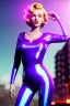 Placeholder: Realistic press image, retro sci-fi, portrait, blonde woman, sweet Marylin Monroe face, perfect iris, glow eyes. tight latex tights suit. Retro Futuristic city, cars flying. epic style, vibrant color, highly detailed, unreal engine 5, ray tracing, RTX, lumen lighting, ultra detail, volumetric lighting, 3d, finely drawn, high definition, high resolution.