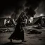 Placeholder: A Palestinian woman wearing the Palestinian dress carries her dead son as she screams and cries at night, with explosions in refugee tents behind her.