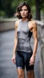 Placeholder: photography of a beautiful anorexic woman, grey satin triathlon top, brunette wavy bob haircut, flat chest, grey satin leggins