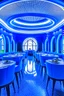 Placeholder: A restaurant with the outer shape of the walls in blue and a white floor, and it contains one table in the middle of the restaurant, and the walls are oval in shape, containing 30 chairs, and the walls are made of glass