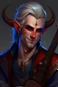 Placeholder: Create an ai art of A handsome male tiefling bard with dark red skin, sharp, curving horns, piercing blue eyes, long, silver hair, a black leather jacket, a simple white shirt, and a lute slung over his shoulder. He has a confident smile and a charming personality