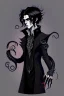 Placeholder: black haired young man necromancer wizard with gothic jewelry and tentacle fingers in the style of H. R. Geiger