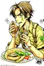 Placeholder: Cartoon sketch of Eren Yeager eating tacos and drinking soda.