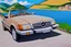 Placeholder: Light brown Mercedes sl 450 1985 cab,Toscana, blue skies, blue water, clear day, sun, country road, lake como, wide landscape, oil painting, cubism, picasso