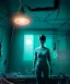 Placeholder: Ultra realistic photographic night portrait, cinematic, <Asian woman> <hanging wires> <retro monitor> many wires coming out of the head <perfect pupil> <cyborg arm> <garage> <wide angle Shot> <sci-fi futuristic> <thriller>, neon lights, color fog, soft color, highly detailed, unreal engine 5, ray tracing, RTX, lumen lighting, ultra detail, volumetric lighting, high definition.