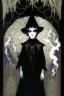Placeholder: 7 year old boy, necromancer, friendly, looks dead, surrounded by weird smoke with eyes, wearing black robes, in the style of Harry Clarke