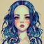 Placeholder: singer Melanie Martinez face, beautiful cyberpunk huge girl, hyperdetailed, illustration by Katsushika Hokusai, darkblue tones,