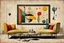 Placeholder: Style by Gabriel Pacheco and Federico Babina and Yves Tanguy, a framed picture of a colorful weird surrealism in a spartan Bauhaus living room, masterpiece, strange inconsistencies and banal absurdities, smooth, neo surrealism,