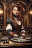 Placeholder: Front view Photography Ultra Realistic HD Natural Beauty Steampunk classic Victorian woman as dj player, chromatic aberrations, establishing shot, tilt-shift effect