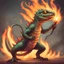 Placeholder: A Lizard with a strange look on their face a tail of flame behind them claws ready to slash and a flamethrower wreathed in flames, in card art style