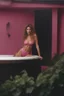 Placeholder: full body portrait - 20-year-old Tawny Kitaen, wearing a pink, bikini in a hot tub - 32k, UHD, 1080p, 8 x 10, glossy professional quality digital photograph - dark blue and dark red, and light maroon and purple and foggy black gradated background with a paint splattered wall, strawberries, stars, planets, galaxies, an assortment of bright, colorful floral arrangements, black roses, blue roses, red roses, yellow roses, pink roses, dandelions, honeysuckle roses, tulips, carnations,