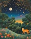 Placeholder: Colourful, peaceful, Henri Rousseau, night sky filled with galaxies and stars, animals, trees, flowers, one-line drawing, sharp focus, 8k, 3d, intricate, ornate