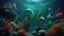 Placeholder: animals creatures, plants from subanautica from deep sea, leviathan's a lot of sea plants very deep, beautiful, river of magma, green and blue.