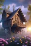 Placeholder: hyper detail, hyper realism, 4k, high quality, small wooden cabin, purple blue yellow silver teal black olive azure, red, pink, brown, flowers, steampunk, cinematic lighting