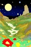 Placeholder: Many colors, peaceful, Egon Schiele, Max Ernst, night sky filled with galaxies, planets and stars, rock formations, trees, flowers, one-line drawing, sharp focus, 8k, deep 3d field, intricate, ornate, one million strokes
