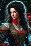 Placeholder: dull body, depth of field, photorealism, downlight, Magic camping site, beautiful, ornate dress uniform, casting spell water snow fly, black wavy hair, enchanted fantasy, cinematic composition, very detailed red machine components, one camera lens eye and shiny black hair, hazel green eyes, 24k, ornate, intricate, complex, digital painting, smooth, art by royo and tom bagshaw.