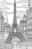 Placeholder: Include illustrations of iconic structures such as the Eiffel Tower,These landmarks are recognized worldwide and offer a sense of grandeur.various architectural landmarks and cityscapes, coloring book page, simple and clean line art, adult drawing book, black and white, crisp black lines, no shades, sharp lines, coloring book for adults, cartoon style, landscape