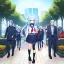 Placeholder: Clear focus, High resolution, long fluffy light blue hair, hair between eyes, long locks, wearing a sailor uniform, wearing a sailor skirt, long black socks, 1girl, cartoon, cute, UNFOTABLE studio, red tie, walking, outside setting