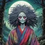 Placeholder: full color front facing portrait of a malevolent Yama Uba witch in a ragged kimono with highly detailed shaggy hair and slim, withered narrow facial features, in a haunted mountain forest, pierced by shafts of moonlight , art in the style of Alex Pardee, spirited away, studio ghibli, , 8k , finely detailed and precise line work, soft natural Spring colors