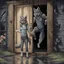 Placeholder: fantasy digital art of a sad face young anthro wolf in gray hairy wolf body gray paws, and wears just a short canvas rag around her waist , she falls to the ground in the rain kicked out of the house falls towards from the camera, behind her an tall angry anthro wolf man just in dark gray body hairy kicks she out the door with his foot, behind in rustic halb open door in an massive wooden house, rainy day, detailed, fantasy mood