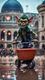 Placeholder: full figure portrait of a giant dunking basket player vampire werewolf goblin gremlin in moped car on wet soil in front of dome court, in the style of Gorillaz,bokeh like f/0.8, tilt-shift lens 8k, high detail, smooth render, down-light, unreal engine, prize winning