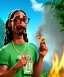Placeholder: Snoop Dogg, cigar with dollars burning, jungle background, hyper realistic