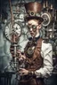 Placeholder: Crazy laboratory assistant with sickles in steampunk style