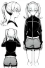 Placeholder: blonde girl with ponytails dressed in a jacket and shorts walks briskly, front view, greyscale