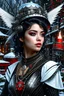 Placeholder: photorealism, downlight, Magic camping site, beautiful angel, ornate dress uniform, casting spell water snow fly, black wavy hair, enchanted fantasy, cinematic composition, very detailed red machine components, one camera lens eye and shiny black hair, hazel green eyes, 24k, ornate, intricate, complex, digital painting, smooth, art by royo and tom bagshaw.