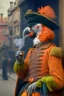 Placeholder: Half parrot half human in a 1700s Orange Dutch uniform smoking a cigarette in a Dutch city