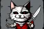 Placeholder: Cat diabolical smiling with a bloody knife with blood. Comic style