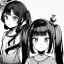 Placeholder: Clear focus, High resolution, rough line art, cute, cartoon, one side is a fluff cut, one side does not have hair but it does have one piece of hair that is medium length and sharp, both sides have medium length sharp locks on each side of her head, long twintails, smooth twintails, black hair, 1girl, (solo), grey eyes