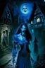 Placeholder: a very thin male glowing blue ghost werewolf lurks through a medieval village at night, looming over a woman with dark hair and pale skin. The woman s wearing goth make-up and is dressed in dark fairy clothing.