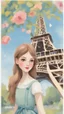 Placeholder: Birthday postcard, gouache painting on a postcard, gouache painting, happy birthday, anime portrait, vintage, cute girl standing on the Eiffel tower, Eiffel tower in the background, spring, girl painting, beautiful painting, gouache, happy birthday postcard