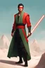 Placeholder: Red Blindfold, Male Tan Human, Very Long HairLong Black Hair, Peaceful pose, Red Crossgaurd Lightsaber