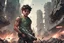 Placeholder: Comic Book Art Style, portrait shot, a younh boy in tank tops, rugged and determined, with futuristic laser guns in hand. They're locked in an intense battle against monstrous, tendril-sprouting floating blobs in a post-apocalyptic cityscape. The destroyed buildings and debris add to the chaos and destruction of the scene.