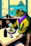 Placeholder: Cat, sitting at a table, eating sushi,perfect iris, ink and pencil, style Tintin