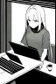 Placeholder: thin hacker girl use a laptop on a table sitting in a cafe, line arts, greyscale