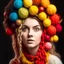 Placeholder: Young woman with balls of wool in her hair
