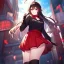 Placeholder: Clear focus,High resolution,High quality, Smiling, Black hoodie with a red collar, Wearing a red skirt, Wearing black long socks, Black Long hair with a ahoge, Red eyes, Wearing black gloves