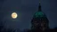 Placeholder: A large, ornate green-domed building with intricate architectural details, surrounded by a dark, moody sky with a full moon and bare trees in the foreground