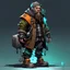 Placeholder: street vandal cyperpunk dwarf with cybernetic legs, dressed with a coat and beanie