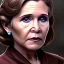 Placeholder: upper body photorealistic jedi carrie fisher in Star Wars, sharp brown eyes, photorealistic skin, dark brown jedi robe, cinematic lighting