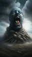 Placeholder: A big statue of a head in the sand holding the scale of justice , huge mouth open and out of it a lot of spidrs,surrealism of the dark of a nightmare ten miles high and six foot deep, hyper photorealistic, hyper detailed dark art color, high resolution, fog, octane render, tilt shift, HDRI Environment, all pictures dark gray