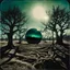 Placeholder: Close-up polaroid of a creepy surreal landscape, monsters, eerie, Max Ernst style, very surreal, trees, spooky, metaphysical objects, giant sun, intricate, thoughtful, appalling, deep 3d field, 8k, hypermaximalist