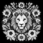Placeholder: colorless cute lion between seeds and big flowers black background .black and white colors. for a coloring.