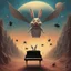 Placeholder: monochromatic black and white bugs bunny composer piano, diffrent planet, one swine pig piggy flying wasp angel, beksinski style daker theme