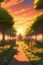 Placeholder: sunset anime royal garden with path without fence to forrest view towards forrest